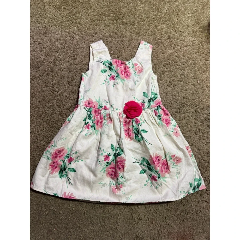 The Childrens Place Girls 4T Floral Rose Dress Sleeveless Pink White Bow Back